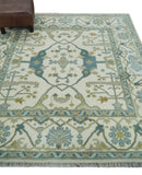 Hand Knotted 6x6 Square Oriental Oushak Ivory, Teal and Beige Wool Area Rug