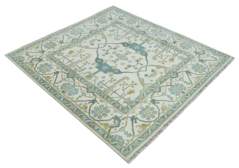 Hand Knotted 6x6 Square Oriental Oushak Ivory, Teal and Beige Wool Area Rug