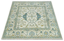 Hand Knotted 6x6 Square Oriental Oushak Ivory, Teal and Beige Wool Area Rug