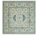 Hand Knotted 6x6 Square Oriental Oushak Ivory, Teal and Beige Wool Area Rug