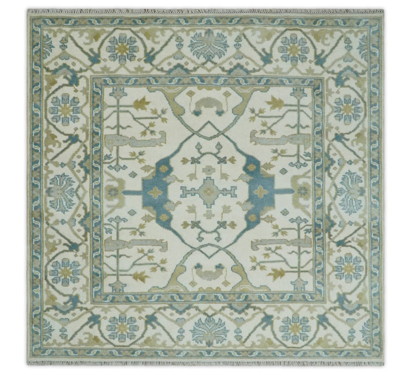 Hand Knotted 6x6 Square Oriental Oushak Ivory, Teal and Beige Wool Area Rug