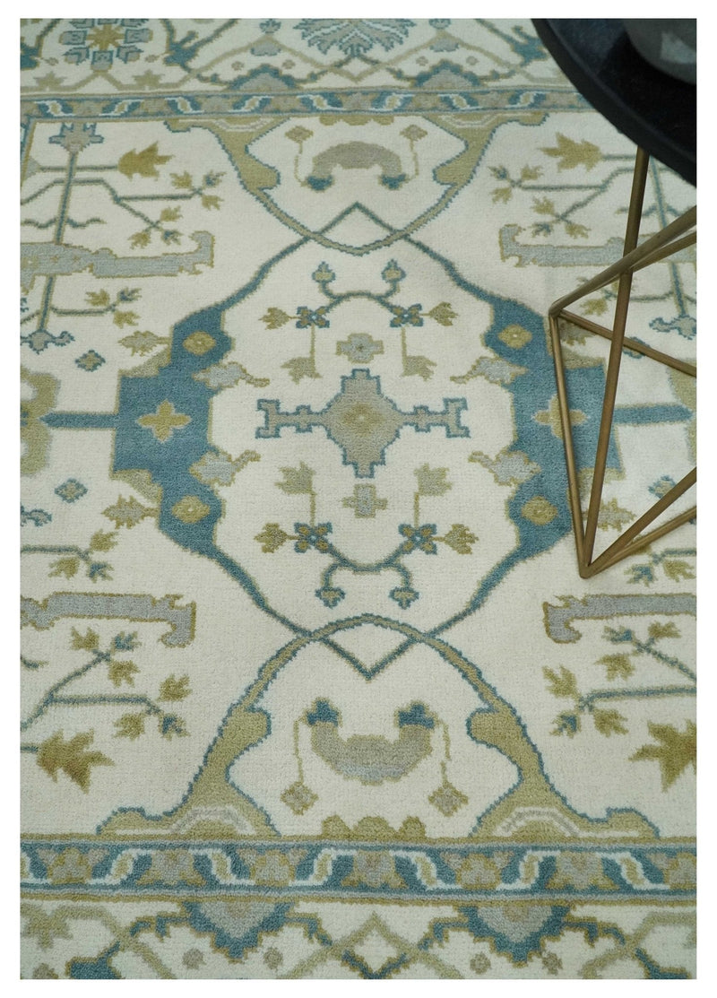 Hand Knotted 6x6 Square Oriental Oushak Ivory, Teal and Beige Wool Area Rug