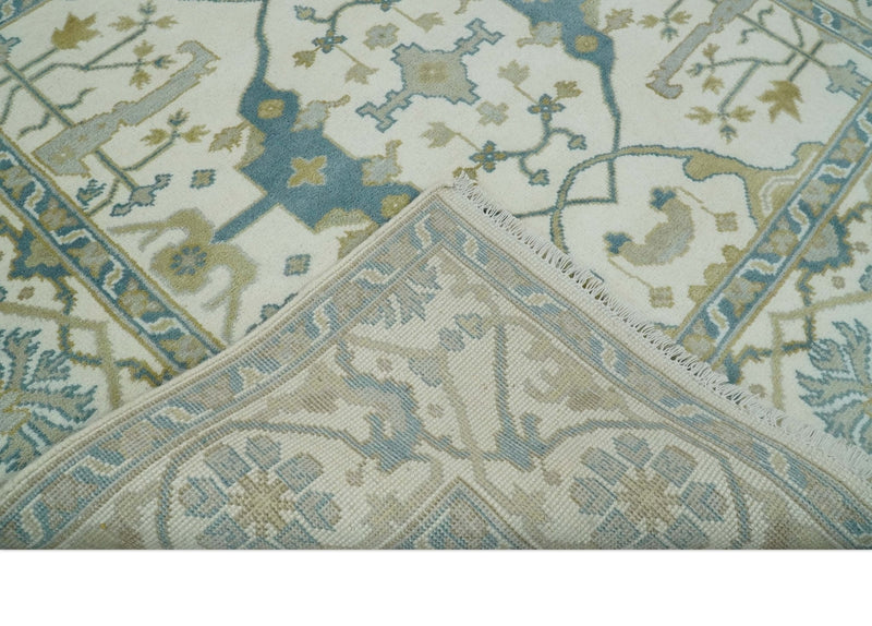 Hand Knotted 6x6 Square Oriental Oushak Ivory, Teal and Beige Wool Area Rug