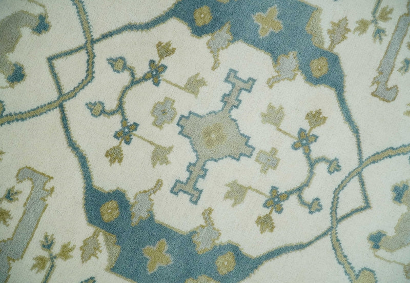 Hand Knotted 6x6 Square Oriental Oushak Ivory, Teal and Beige Wool Area Rug