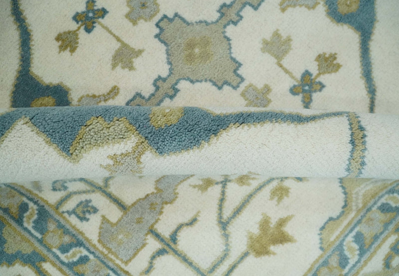 Hand Knotted 6x6 Square Oriental Oushak Ivory, Teal and Beige Wool Area Rug