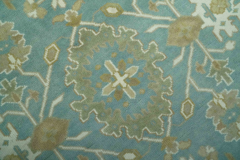 Hand Knotted 6x9 Teal, Ivory and Beige Traditional Oriental Oushak wool rug
