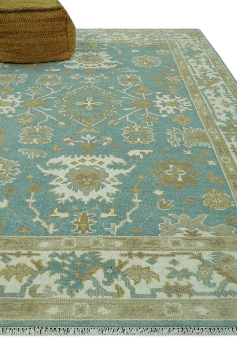 Hand Knotted 6x9 Teal, Ivory and Beige Traditional Oriental Oushak wool rug