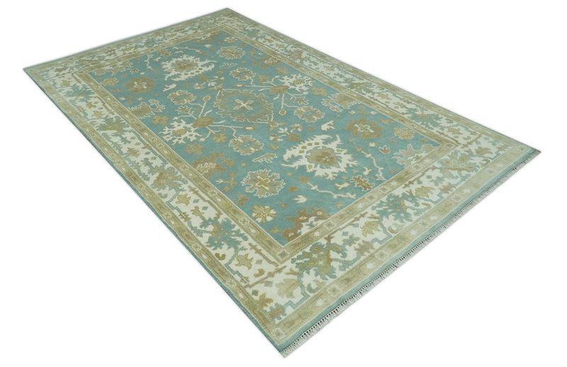 Hand Knotted 6x9 Teal, Ivory and Beige Traditional Oriental Oushak wool rug