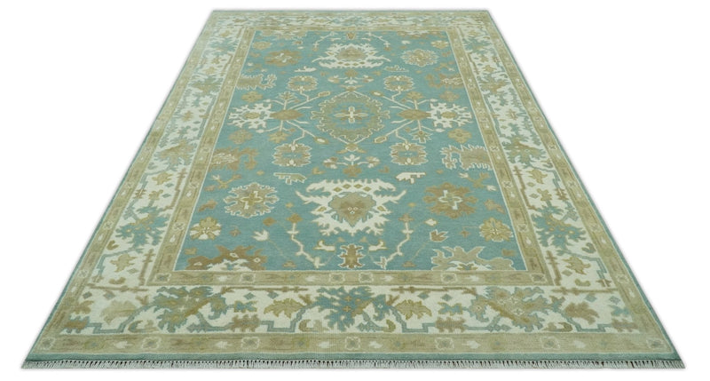 Hand Knotted 6x9 Teal, Ivory and Beige Traditional Oriental Oushak wool rug