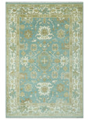 Hand Knotted 6x9 Teal, Ivory and Beige Traditional Oriental Oushak wool rug