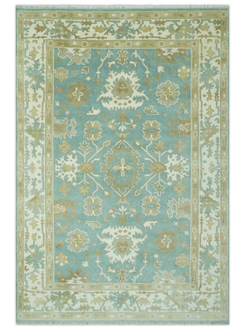 Hand Knotted 6x9 Teal, Ivory and Beige Traditional Oriental Oushak wool rug