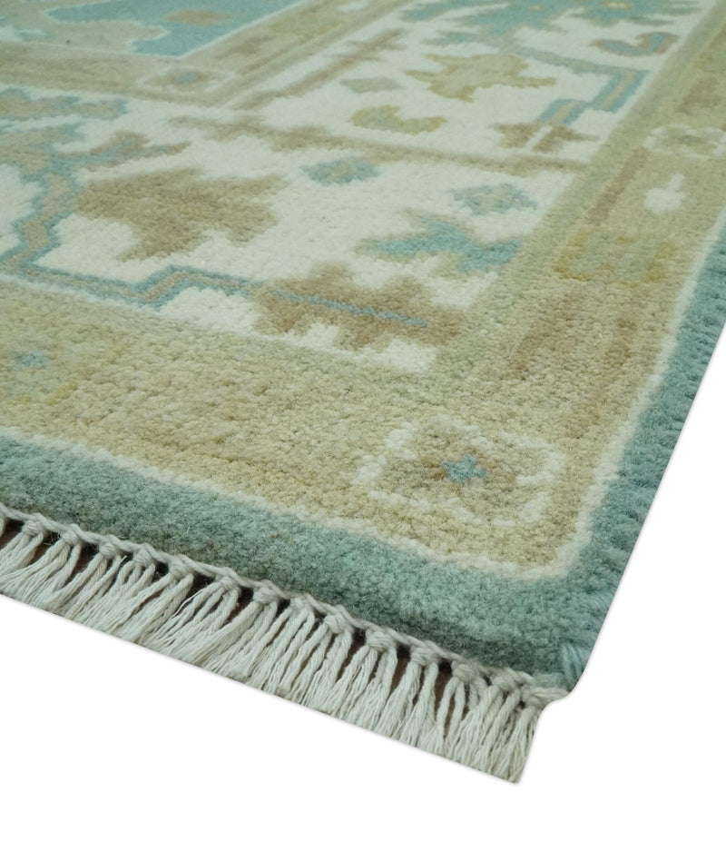 Hand Knotted 6x9 Teal, Ivory and Beige Traditional Oriental Oushak wool rug