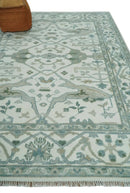 Hand Knotted Oriental Oushak Wool Area Rug - Ivory and Teal Tones by The Rug Decor