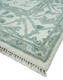 Hand Knotted Oriental Oushak Wool Area Rug - Ivory and Teal Tones by The Rug Decor