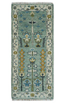 Hand-Knotted Wool Area Rug - Blue and Ivory Oushak Antique Style