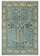 Hand-Knotted Wool Area Rug - Blue and Ivory Oushak Antique Style
