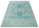 Hand Knotted 8x10 Aqua and Beige Antique Look Oushak Turkish Style Wool Area Rug | TRDCP1109810 by The Rug Decor