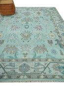 Hand Knotted 8x10 Aqua and Silver Antique Oushak Wool Area Rug