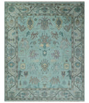 Hand Knotted 8x10 Aqua and Silver Antique Oushak Wool Area Rug