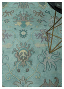 Hand Knotted 8x10 Aqua and Silver Antique Oushak Wool Area Rug