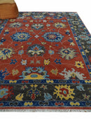 Hand Knotted 8x10 Brown, Blue and Charcoal vibrant colorful Traditional Oushak Wool Area Rug by The Rug Decor