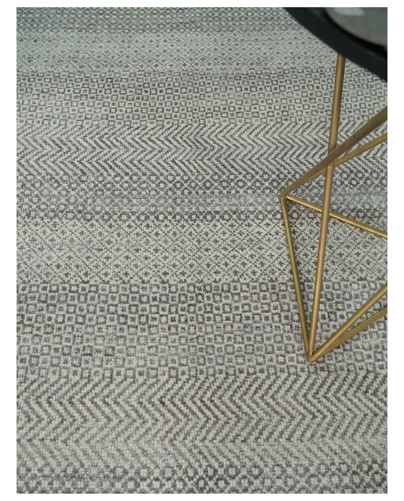 Hand Knotted 8x10 Modern Geometric Trellis Scandinavian Charcoal, Silver and Ivory Wool Area Rug