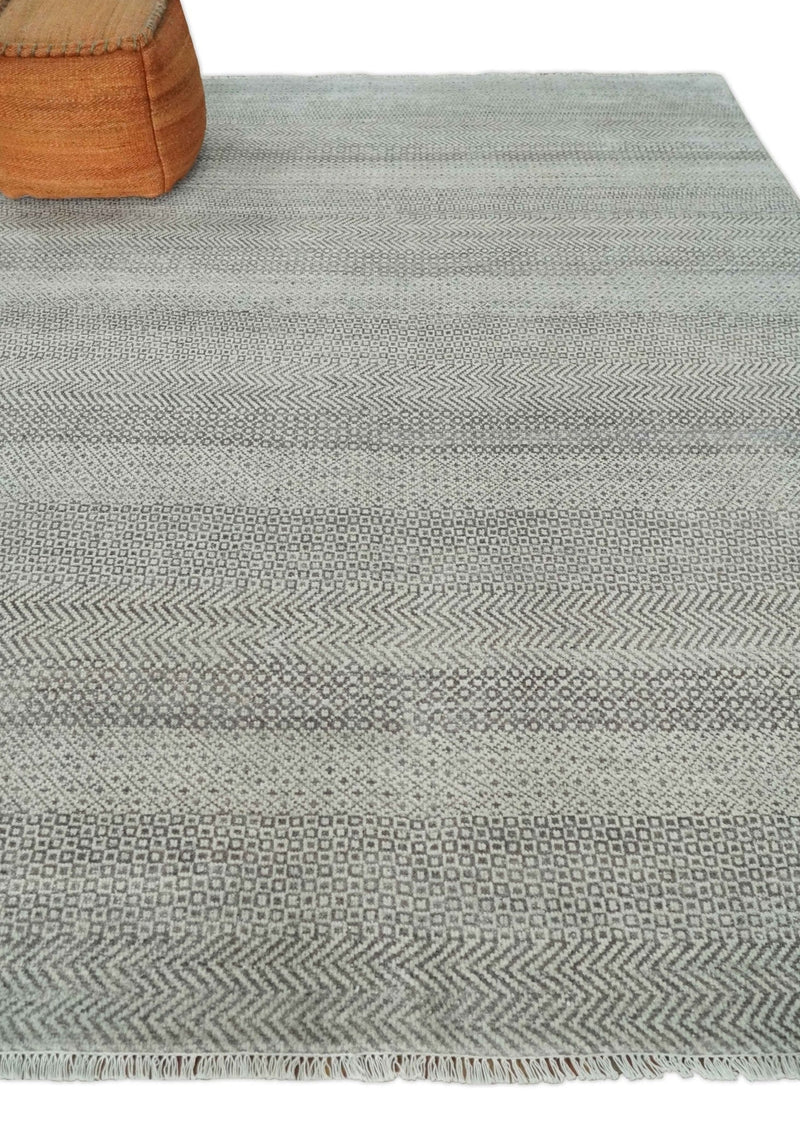 Hand Knotted 8x10 Modern Geometric Trellis Scandinavian Charcoal, Silver and Ivory Wool Area Rug