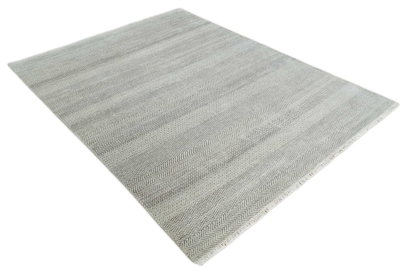 Hand Knotted 8x10 Modern Geometric Trellis Scandinavian Charcoal, Silver and Ivory Wool Area Rug