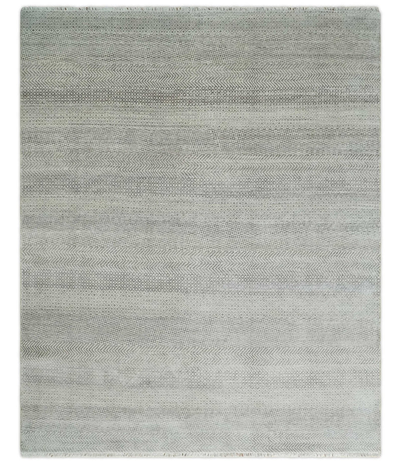 Hand Knotted 8x10 Modern Geometric Trellis Scandinavian Charcoal, Silver and Ivory Wool Area Rug