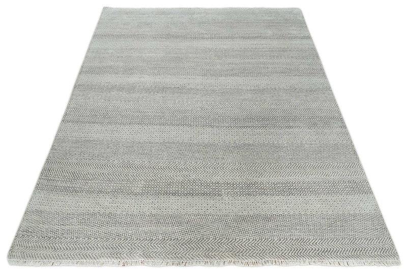 Hand Knotted 8x10 Modern Geometric Trellis Scandinavian Charcoal, Silver and Ivory Wool Area Rug