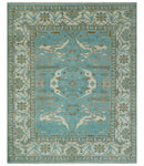 Hand Knotted 8x10 Oushak Aqua, Ivory and Brown Wool Area Rug