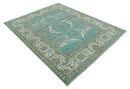 Hand Knotted 8x10 Oushak Aqua, Ivory and Brown Wool Area Rug