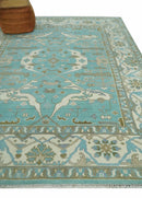 Hand Knotted 8x10 Oushak Aqua, Ivory and Brown Wool Area Rug