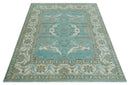 Hand Knotted 8x10 Oushak Aqua, Ivory and Brown Wool Area Rug