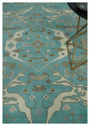 Hand Knotted 8x10 Oushak Aqua, Ivory and Brown Wool Area Rug