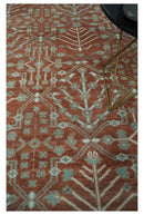 Hand knotted 8x10 Rust and Aqua Floral wool Area Rug by The Rug Decor