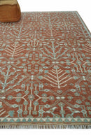 Hand knotted 8x10 Rust and Aqua Floral wool Area Rug by The Rug Decor