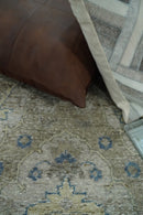 Beige and Blue Wool Rug 8x10 - Hand Knotted Traditional Oxidized Low Pile Finish