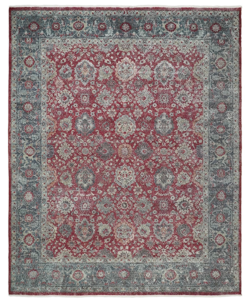 Vintage Hand Knotted 8x10 Traditional Oxidized Textured Low Pile Wool Rug | TRD2122810