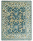 Hand Knotted 9x12 Blue, Ivory and Beige Antique Finish Turkish Style Oushak Wool Area Rug | TRDCP1084912 by The Rug Decor