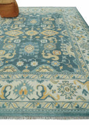 Hand Knotted 9x12 Blue, Ivory and Beige Antique Finish Turkish Style Oushak Wool Area Rug | TRDCP1084912 by The Rug Decor