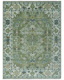 Hand Knotted Green, Ivory and Silver Traditional Turkish Vintage Style Wool Rug