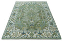 Hand Knotted Green, Ivory and Silver Traditional Turkish Vintage Style Wool Rug