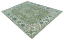 Hand Knotted Green, Ivory and Silver Traditional Turkish Vintage Style Wool Rug