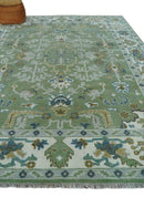 Hand Knotted Green, Ivory and Silver Traditional Turkish Vintage Style Wool Rug
