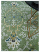 Hand Knotted Green, Ivory and Silver Traditional Turkish Vintage Style Wool Rug