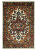 Rust And Ivory Traditional Medallion Hand Knotted Wool Area Rug