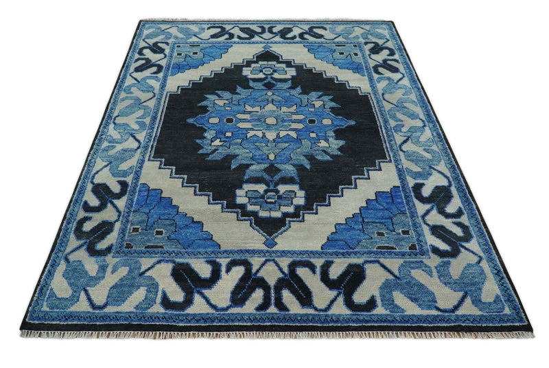 Blue, Black and Ivory Hand Knotted Antique Traditional Heriz Serapi Multi Size Wool Area Rug