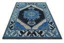 Wool Area Rug Blue Black and Ivory Hand Knotted Heriz Serapi by The Rug Decor
