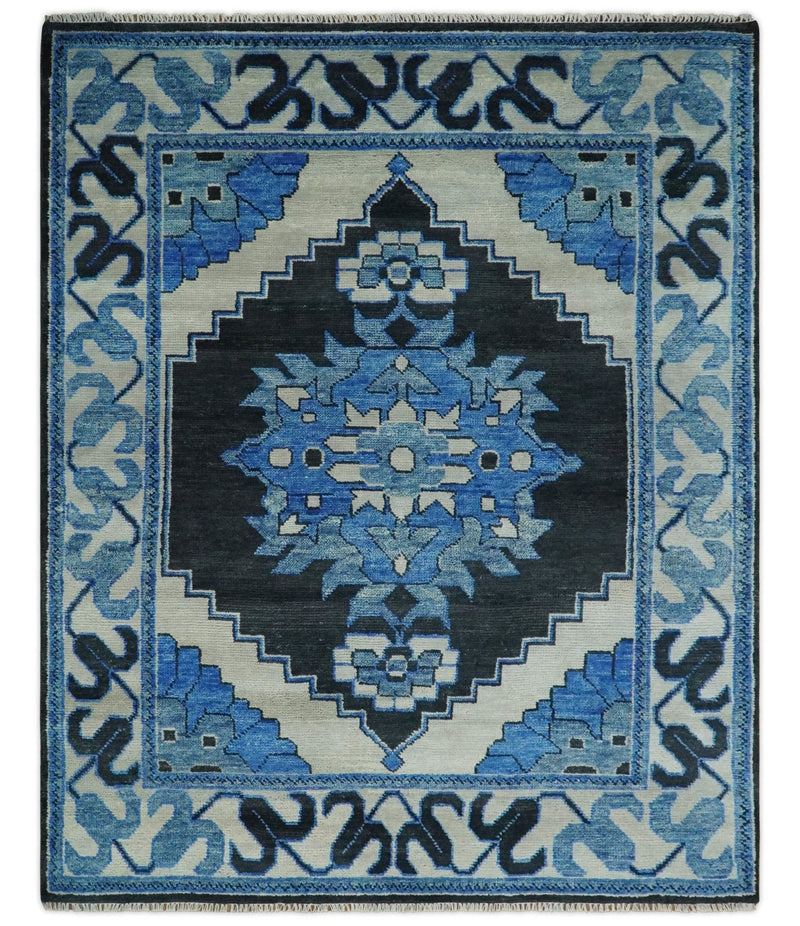 Blue, Black and Ivory Hand Knotted Antique Traditional Heriz Serapi Multi Size Wool Area Rug